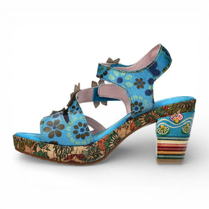 Nellao 33 - Women's Blue Floral Leather Wedge Sandals
