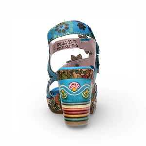 Nellao 33 - Women's Blue Floral Leather Wedge Sandals