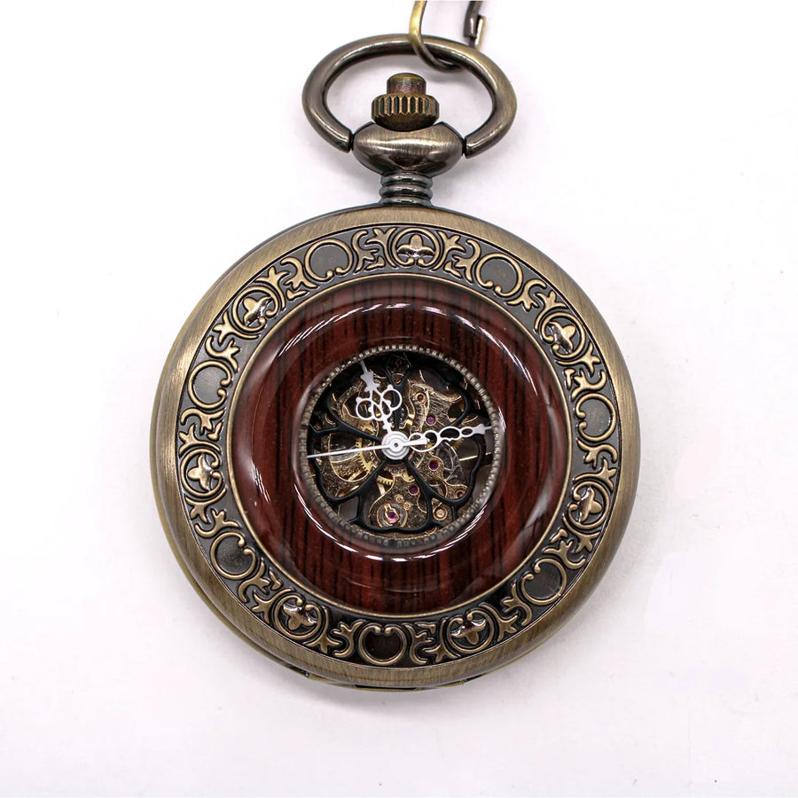 Mechanical Skeleton Half Hunter Vintage Wooden Pocket Watch-TruClothing