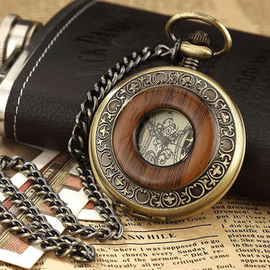 Mechanical Skeleton Half Hunter Vintage Wooden Pocket Watch-TruClothing