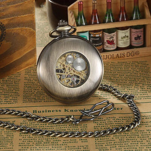 Mechanical Skeleton Half Hunter Vintage Wooden Pocket Watch-TruClothing