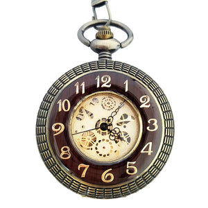 Mechanical Skeleton Wooden Half Hunter Pocket Watch-TruClothing