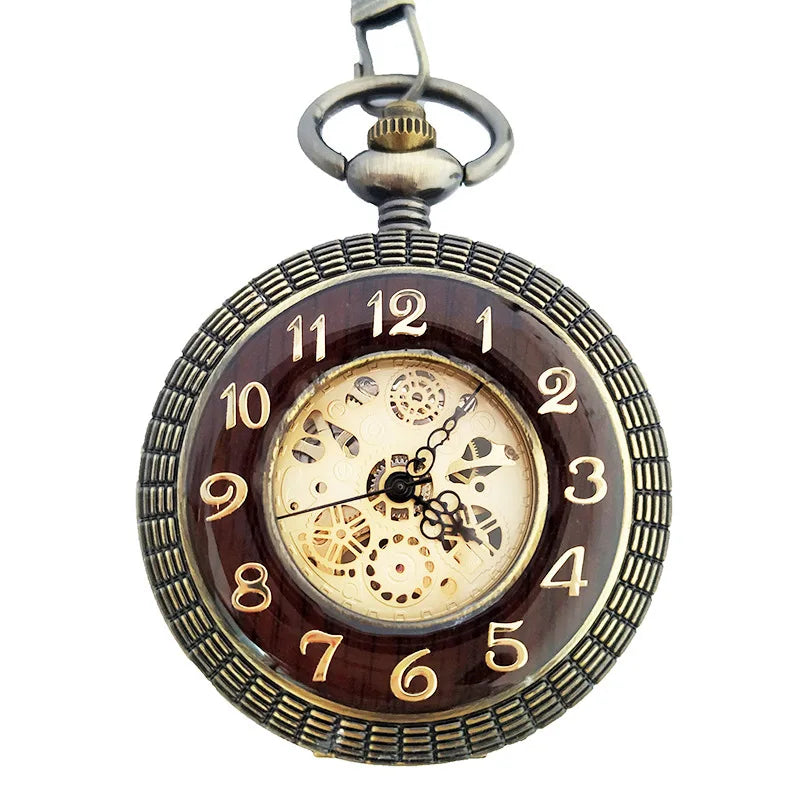 Mechanical Skeleton Wooden Half Hunter Pocket Watch-TruClothing