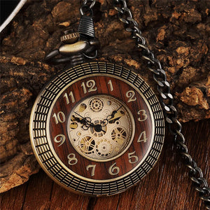 Mechanical Skeleton Wooden Half Hunter Pocket Watch-TruClothing