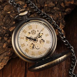 Mechanical Skeleton Wooden Half Hunter Pocket Watch-TruClothing