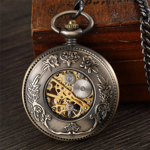 Mechanical Skeleton Wooden Half Hunter Pocket Watch-TruClothing