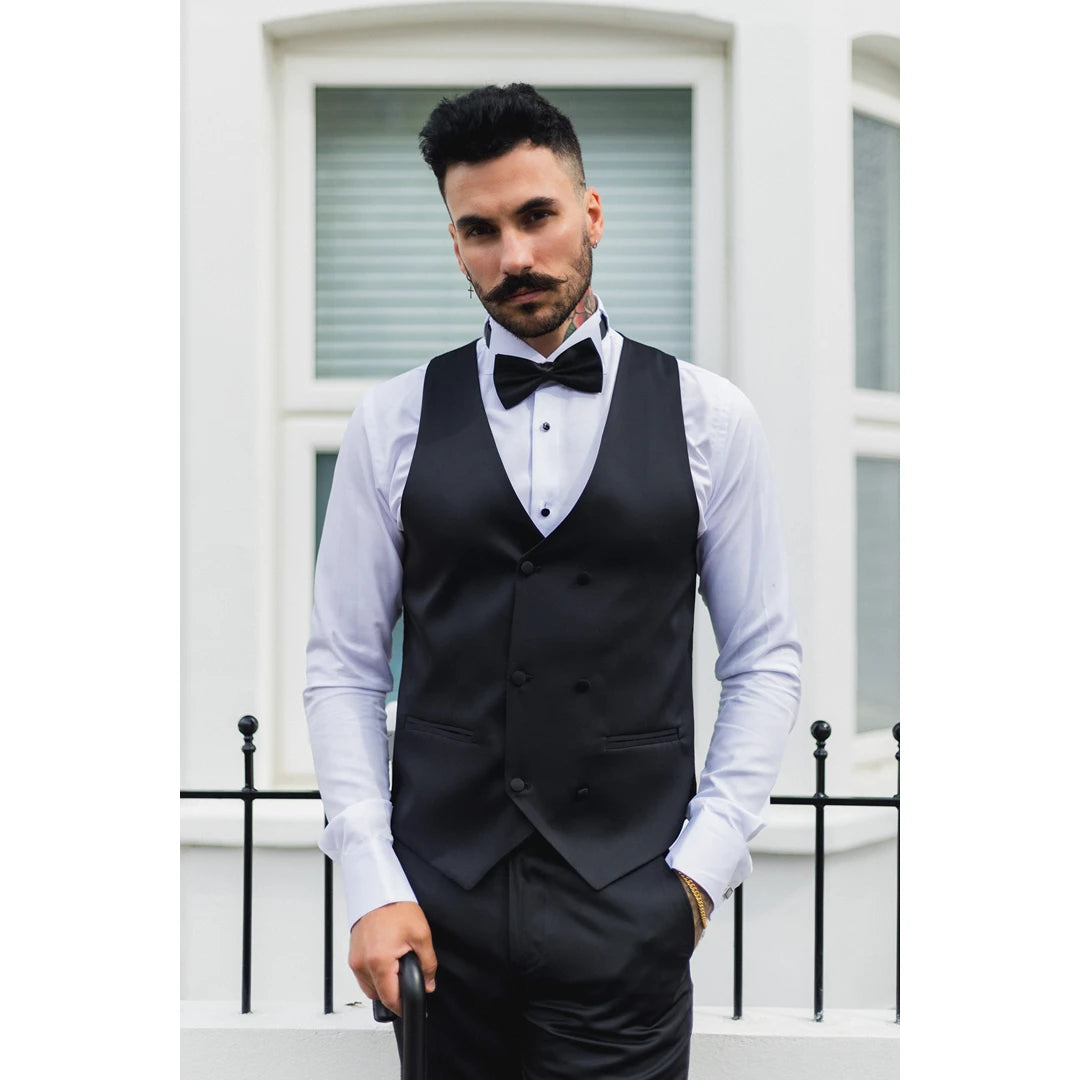 Men's Black Satin Double Breasted Waistcoat Black Tie Dinner Vest