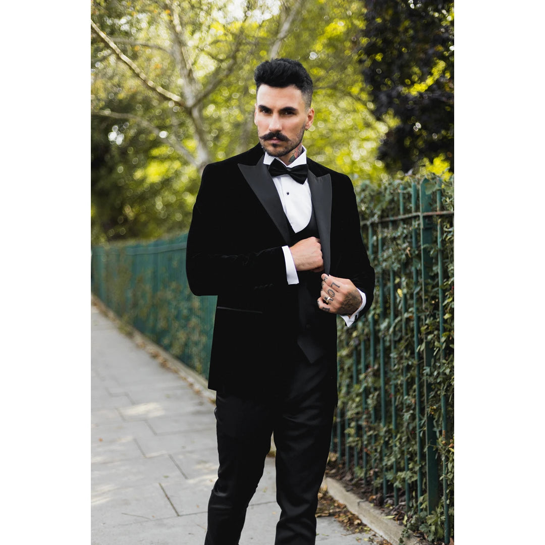 Veste de smoking blazer en velours noir pour homme et col à pointe en satin style mariage soirée cérémonie formel