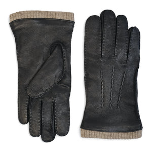 Mănuși pentru bărbați din piele naturală căptușite cu lână cu manșetă tricotată cu nervuri - Negru - Infinity Leather - 6