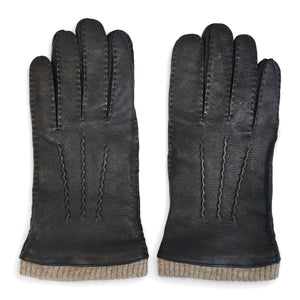 Mănuși pentru bărbați din piele naturală căptușite cu lână cu manșetă tricotată cu nervuri - Negru - Infinity Leather - 8