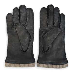 Mănuși pentru bărbați din piele naturală căptușite cu lână cu manșetă tricotată cu nervuri - Negru - Infinity Leather - 10