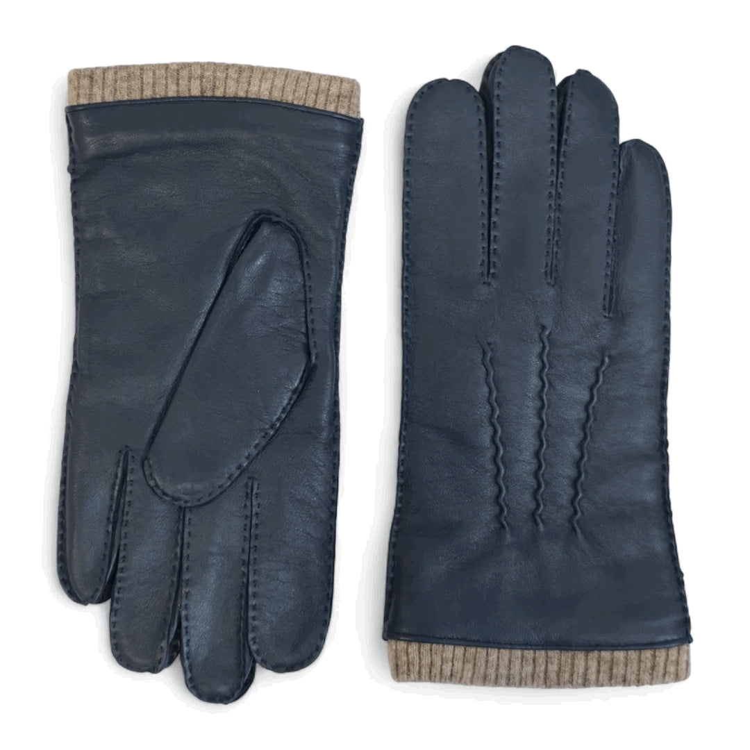 Mănuși pentru bărbați din piele naturală căptușite cu lână cu manșetă tricotată cu nervuri - Bleumarin - Infinity Leather - 1