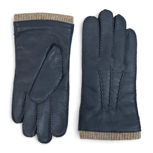 Mănuși pentru bărbați din piele naturală căptușite cu lână cu manșetă tricotată cu nervuri - Bleumarin - Infinity Leather - 1