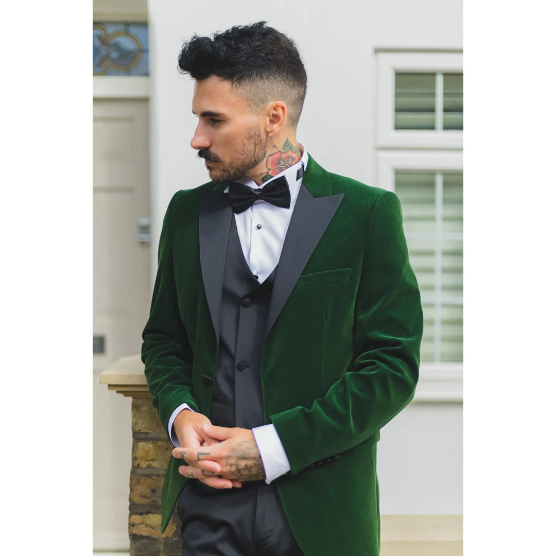 Veste de smoking blazer en velours vert pour homme et col à pointe en satin style mariage soirée cérémonie formel
