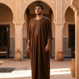 Men's Half Sleeve Embroidery Moroccan Thobe-TruClothing