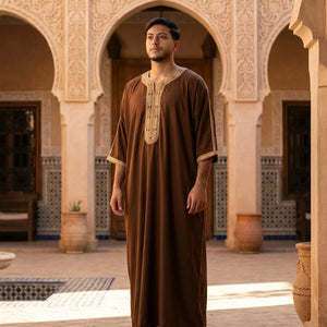 Men's Half Sleeve Embroidery Moroccan Thobe-TruClothing