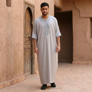 Men's Half Sleeve Embroidery Moroccan Thobe-TruClothing