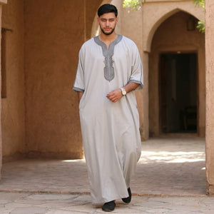 Men's Half Sleeve Embroidery Moroccan Thobe-TruClothing