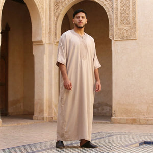 Men's Half Sleeve Embroidery Moroccan Thobe-TruClothing