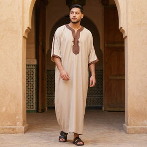 Men's Half Sleeve Embroidery Moroccan Thobe-TruClothing