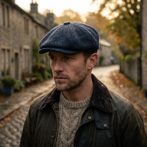 Men's Navy Blue Wool Blend Tweed Newsboy Flat Cap