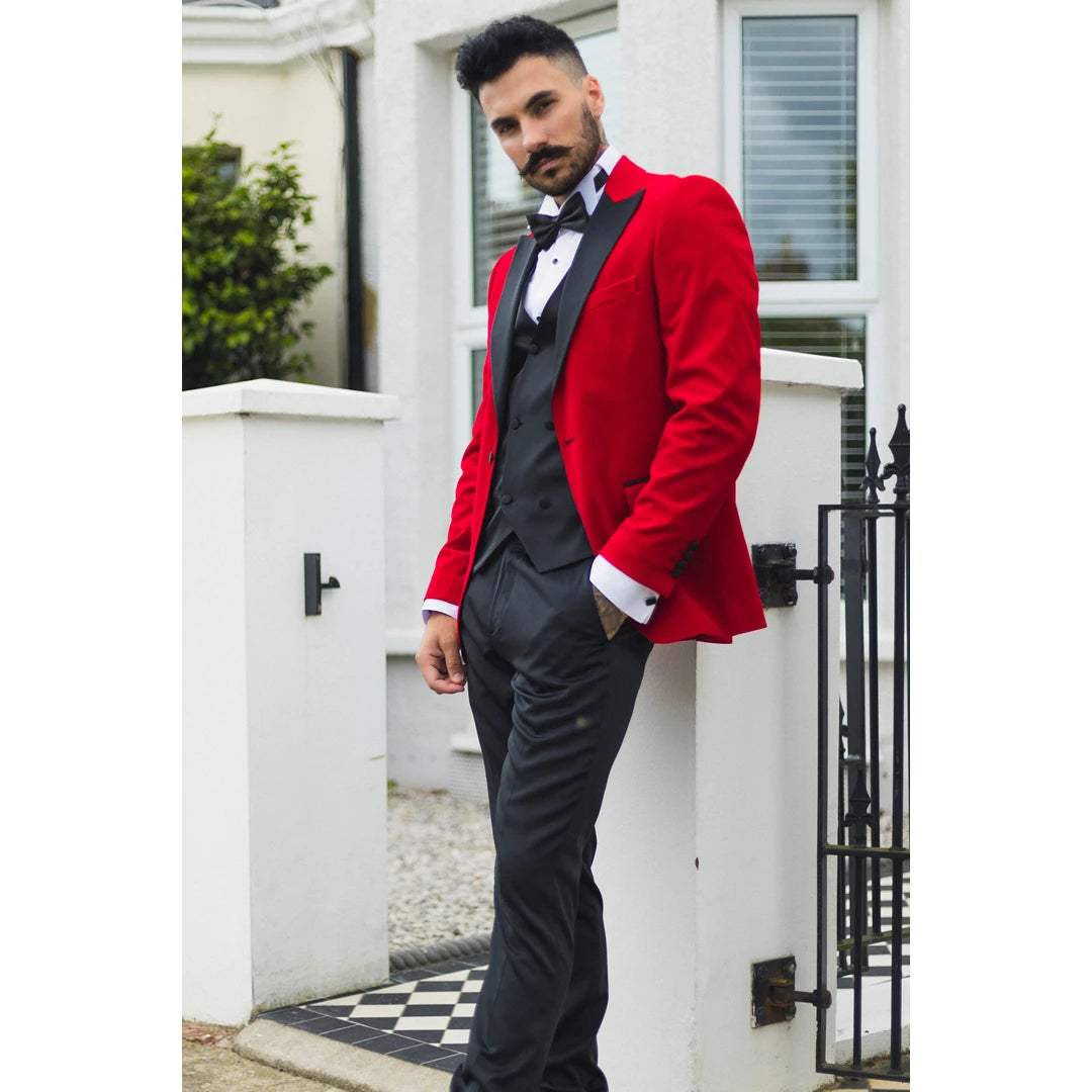 Veste de smoking blazer en velours rouge pour homme et col à pointe en satin style mariage soirée cérémonie formel