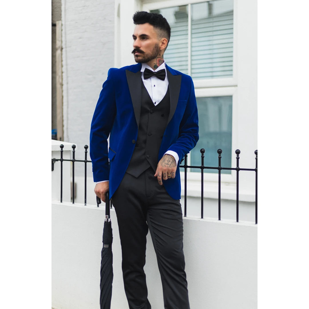 Men's Royal Blue Velvet Tux Blazer Satin Lapels Dinner Wedding Prom Black Tie