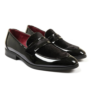 Men's Slip On Vegan Leather Velvet Detailed Patent Loafers