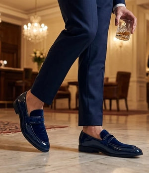 Men's Slip On Vegan Leather Velvet Detailed Patent Loafers