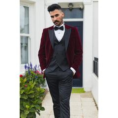 Men's Wine Velvet Tux Blazer Satin Lapels Dinner Wedding Prom Black Tie