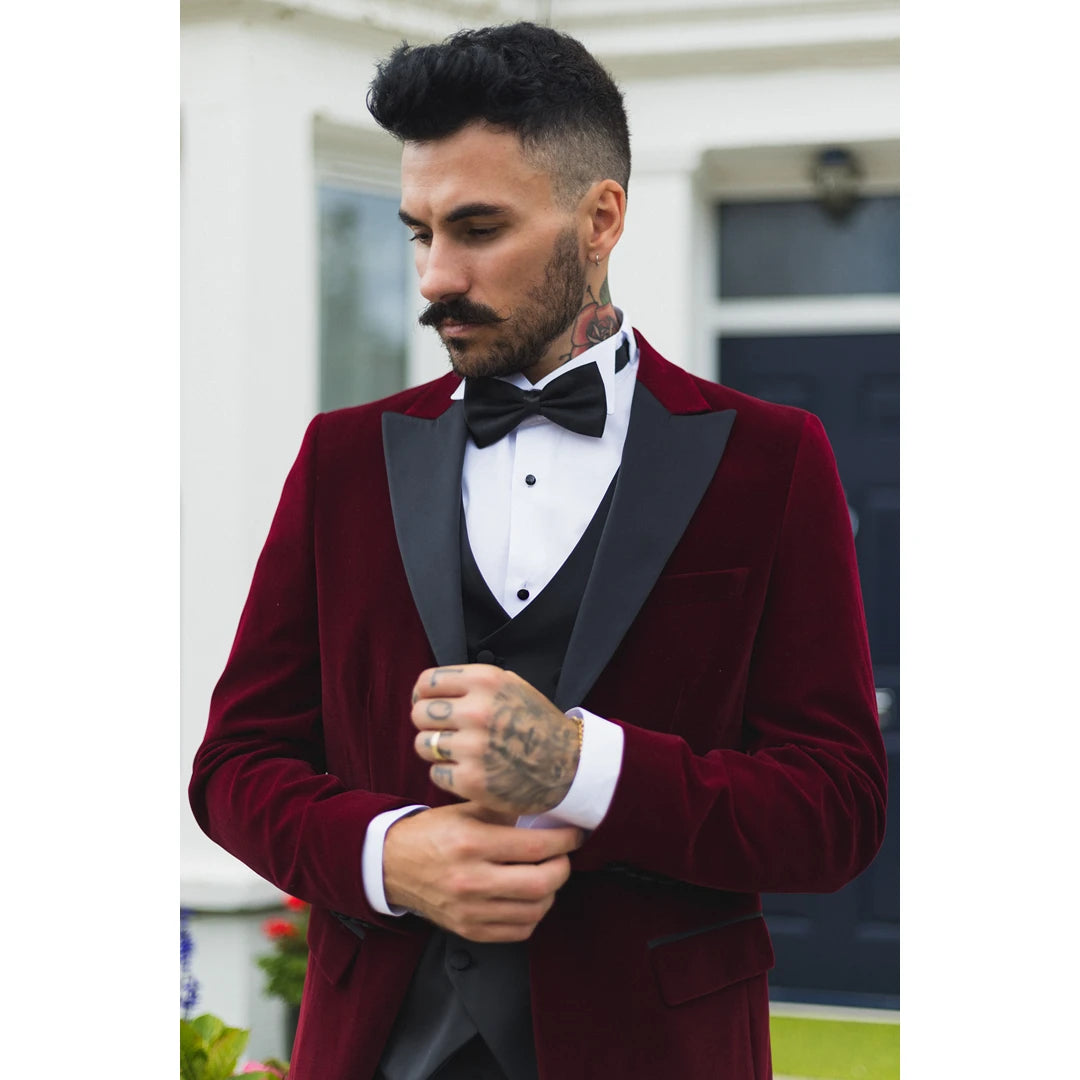 Men's Wine Velvet Tux Blazer Satin Lapels Dinner Wedding Prom Black Tie