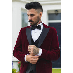 STZ59 - Men's Wine Velvet Tux Blazer Waistcoat and Trousers