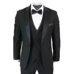 Mens 3 Piece Black Classic Satin Tuxedo Dinner Suit Tailored Fit Wedding Prom-TruClothing