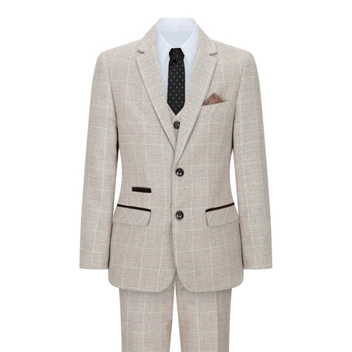 Holland - Boys Check Tweed Beige Brown 3 Piece Suit Wedding Classic