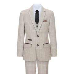 Holland - Boys Check Tweed Beige Brown 3 Piece Suit Wedding Classic