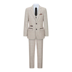 Holland - Boys Check Tweed Beige Brown 3 Piece Suit Wedding Classic