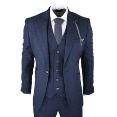 Mens Herringbone Tweed Navy Blue Check 3 Piece Vintage Suit Peaky Blinders Tan-TruClothing