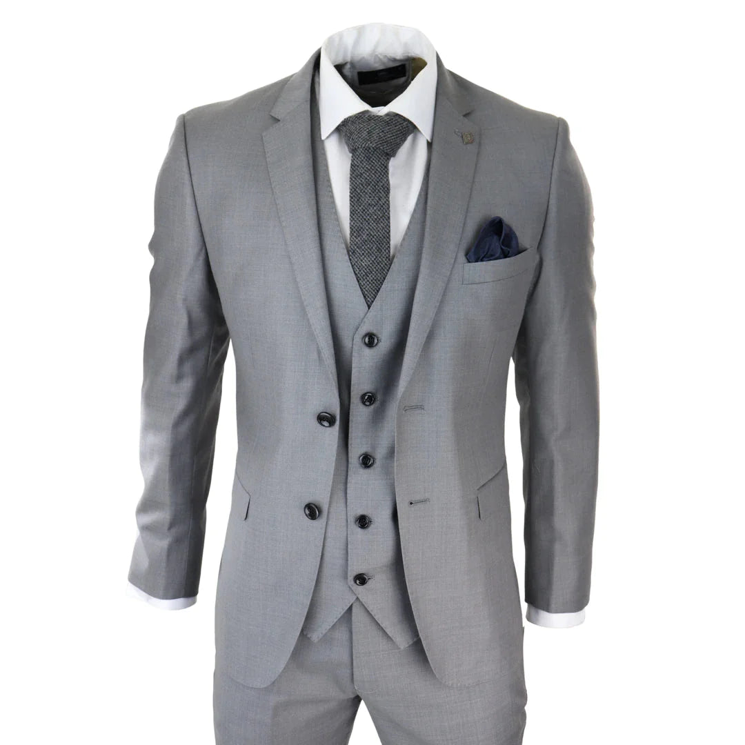 Mens Light Grey 3 Piece Suit Classic Stitch Wedding Summer Prom Classic Grooms-TruClothing
