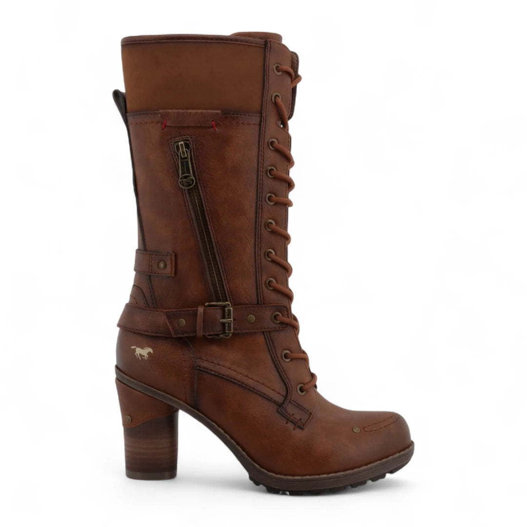 Women's Brown Mid-Calf Lace Up Heeled Combat Boots-TruClothing