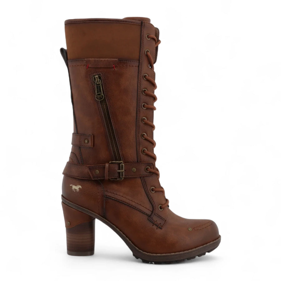 Women's Brown Mid-Calf Lace Up Heeled Combat Boots-TruClothing
