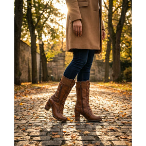 Women's Brown Mid-Calf Lace Up Heeled Combat Boots-TruClothing