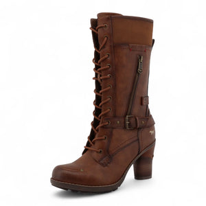 Women's Brown Mid-Calf Lace Up Heeled Combat Boots-TruClothing