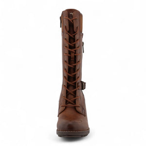 Women's Brown Mid-Calf Lace Up Heeled Combat Boots-TruClothing