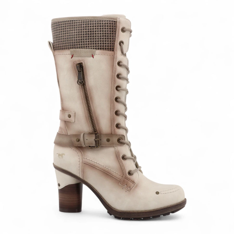 Women's Cream White Mid-Calf Lace Up Heeled Combat Boots-TruClothing