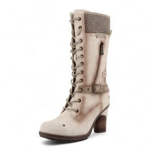 Women's Cream White Mid-Calf Lace Up Heeled Combat Boots-TruClothing
