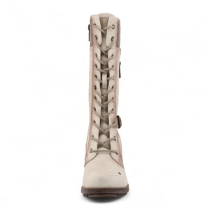 Women's Cream White Mid-Calf Lace Up Heeled Combat Boots-TruClothing