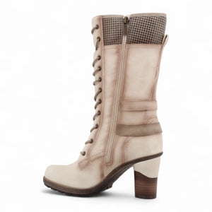 Women's Cream White Mid-Calf Lace Up Heeled Combat Boots-TruClothing