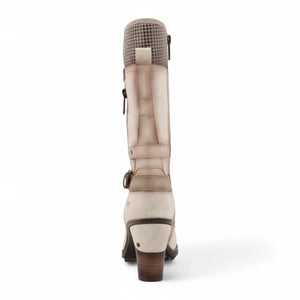 Women's Cream White Mid-Calf Lace Up Heeled Combat Boots-TruClothing