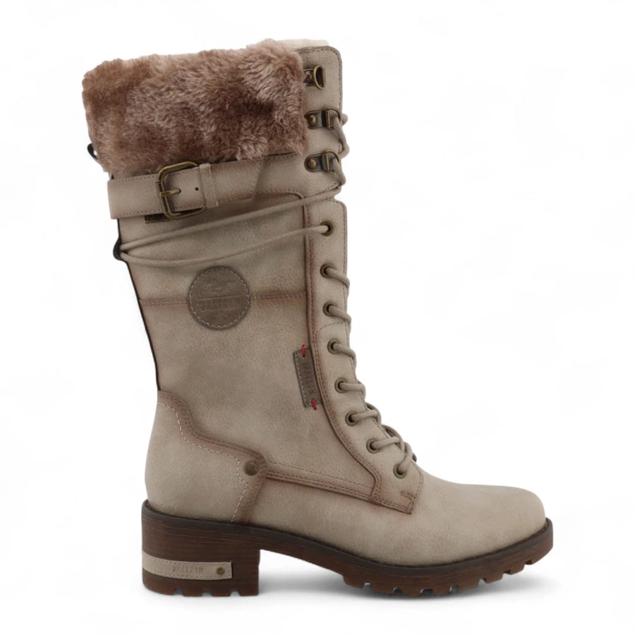 Women's Off White Mid-Calf Faux Fur Winter Combat Boots-TruClothing