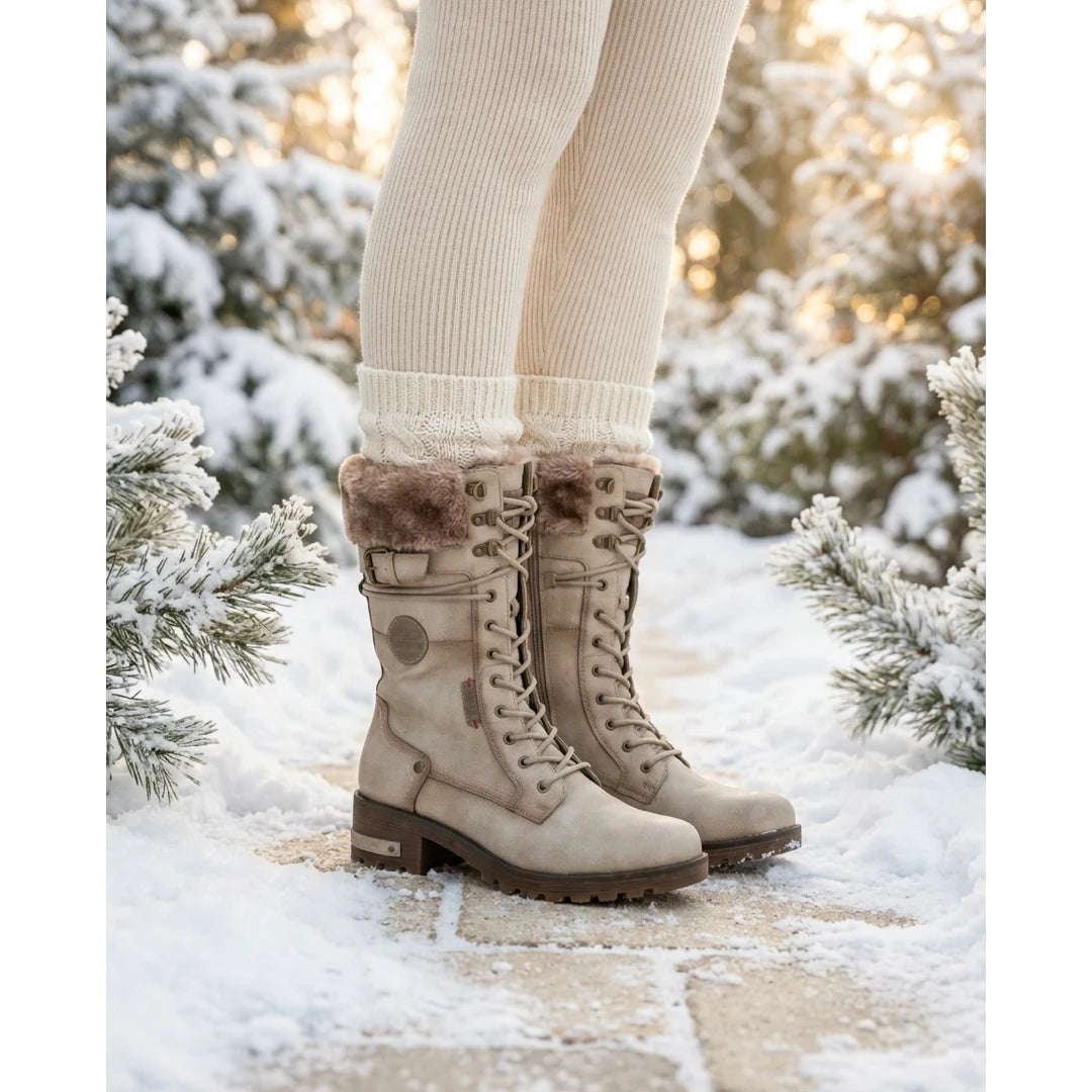 Women's Off White Mid-Calf Faux Fur Winter Combat Boots-TruClothing